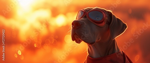 Dog in Superhero Cape and Goggles at Sunset