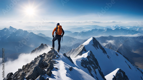 A man standing on snow mountain peak, Travel concept, goals, achievements © Ajay