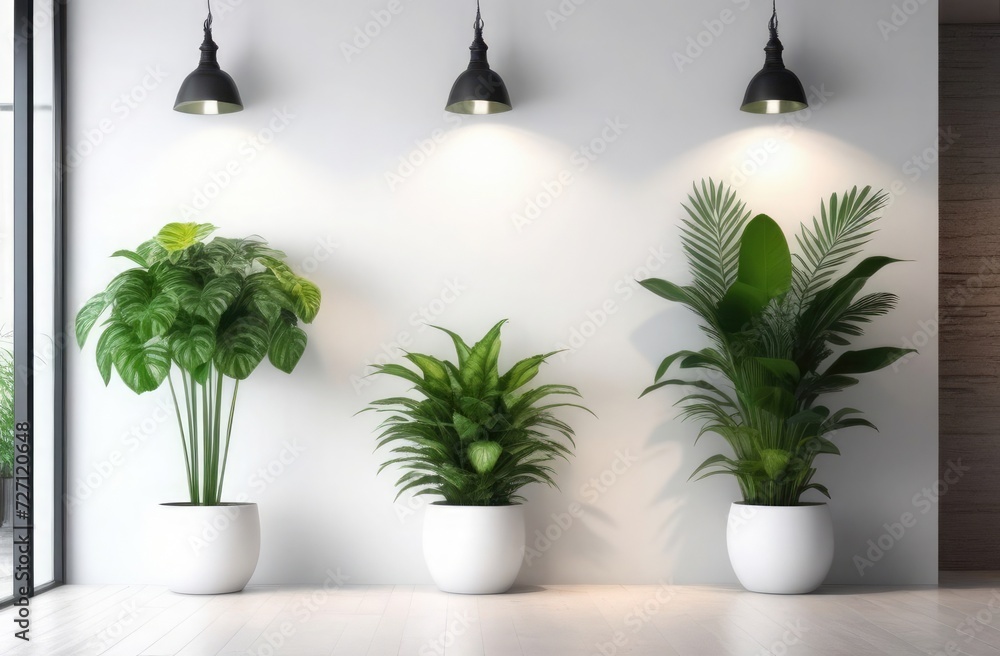 A modern, minimalist interior featuring a wall with three green indoor plants in white pots under hanging black pendant lights next to a large window A modern, minimalist interior featuring a wall with three green indoor plants in white pots under hanging black pendant lights next to a large window