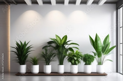 A modern interior showcasing a collection of green plants in white pots arranged on a wooden bench against a clean, white wall with soft lighting from above © cvetikmart