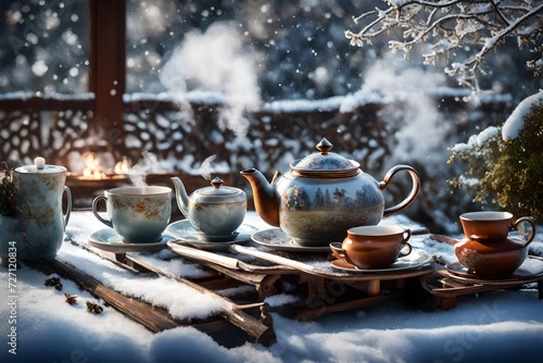 cup of tea and coffee on the snow