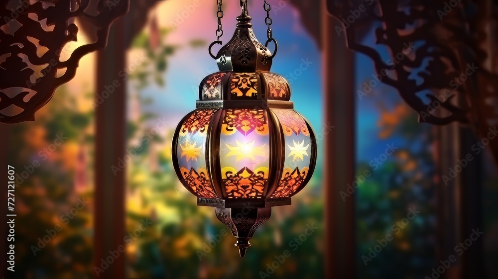 Free photo a lantern with bokeh background for adha and fitr
