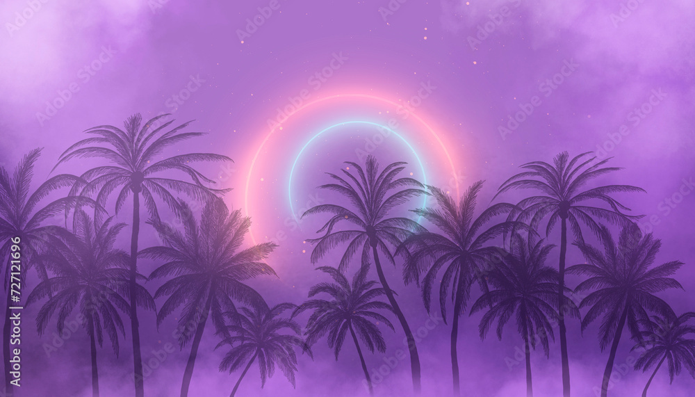 Silhouettes of tropical palm trees on a background of abstract background with neon glow.