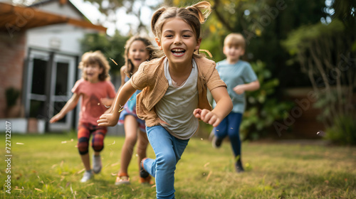 Packed with boundless energy and contagious joy, a group of vivacious kids engage in an exhilarating game of tag, sprinting through a sun-drenched backyard amidst endless laughter and youthf