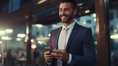 portrait of a businessman smiling while using his phone, smiling person portrait, businessman in blue suit