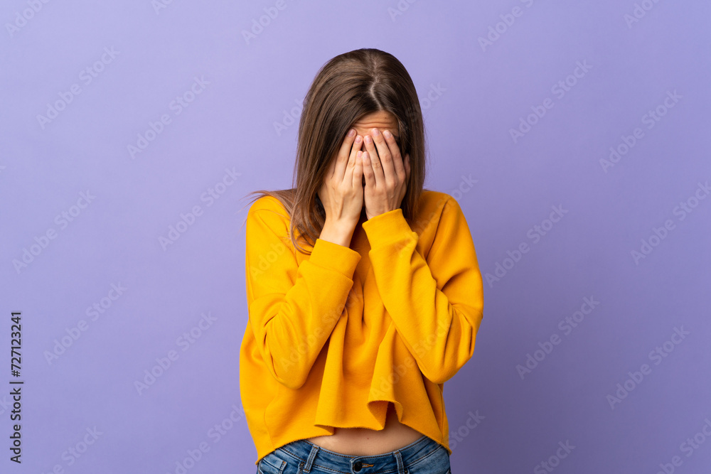 Young Slovak woman isolated on purple background with tired and sick expression Young Slovak woman isolated on purple background with tired and sick expression