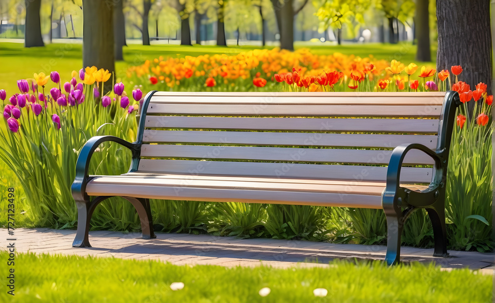Empty park bench on a vibrant spring day, grass and blooming flowers surrounding, warmth of the sun palpable Generative AI