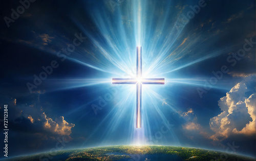 god light in heaven symbolizing divine presence, truth, spiritual illumination, God love and grace. Cross-shaped light beams blessing world with heavenly light