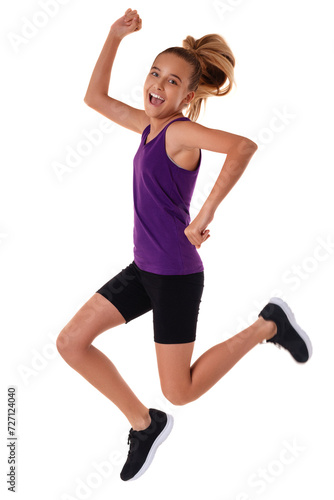 Portrait of full length happy teen girl jumping in air isolated on white