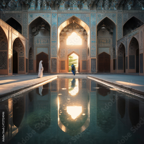 iran madrassa with fountain reflection at night.