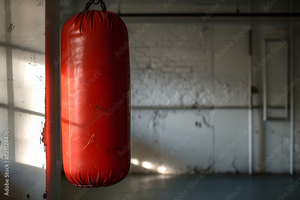 a boxing bag hanging in a room with sunlight outside, in the style of photorealistic pastiche, light crimson, light-focused, neue sachlichkeit, traditional, cabincore