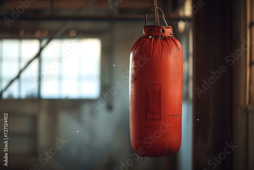 a boxing bag hanging in a room with sunlight outside, in the style of photorealistic pastiche, light crimson, light-focused, neue sachlichkeit, traditional, cabincore © Yeashin