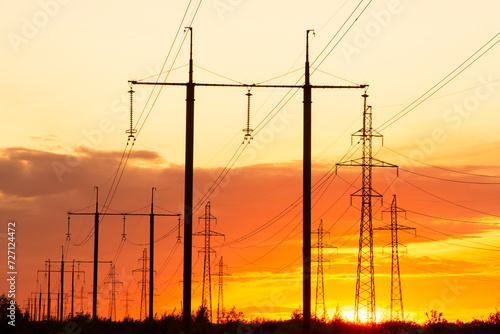 Power line silhouettes at sunset