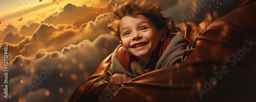 happy little boy dream about flying in sky