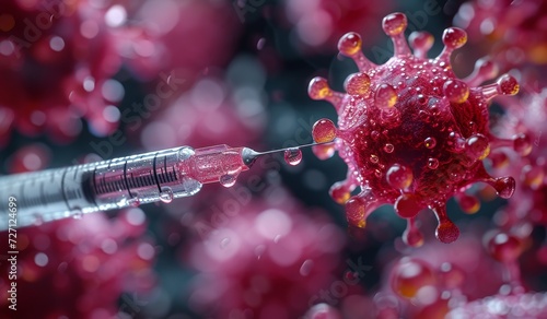 Macro image of a needle being pricked at a cancer cell. Research of cancer diseases, viruses in infected organism , viral disease epidemic, vaccine background.