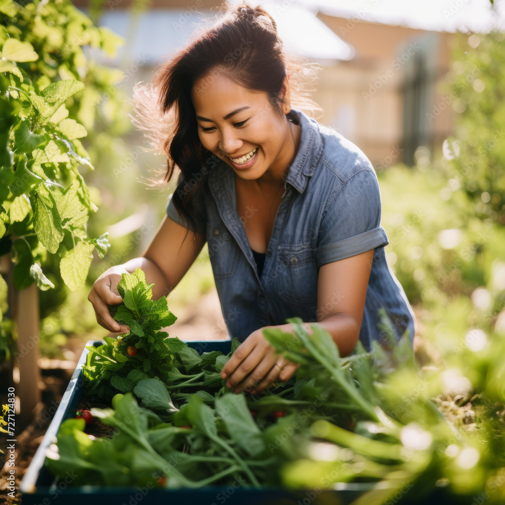 Obraz premium lifestyle photo Asian American picking veggies from a garden.