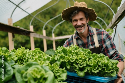 Eco-friendly Greenhouse Farmer with Organic Lettuce Harvest