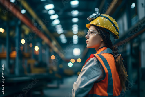 A young female engineer with a vigilant gaze oversees the operations on a factory floor, adorned in a yellow hard hat and safety vest.