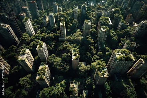 An aerial shot of a forest surrounded by tall buildings photo