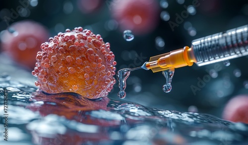 Macro image of a needle being pricked at a cancer cell. Research of cancer diseases, viruses in infected organism , viral disease epidemic, vaccine background. photo