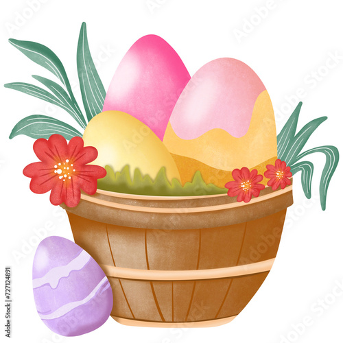 easter basket with eggs and flowers