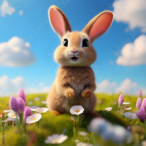 3D render of a happy cute rabbit looking towards the sky on a vivid meadow. AI Generated © Sharmin18april