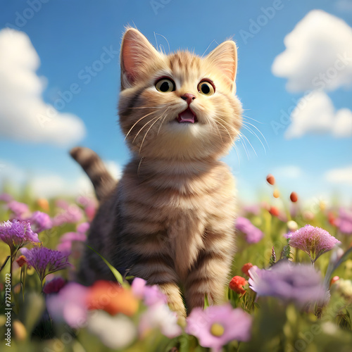 Cute little kitten sitting in flower meadow on blue sky background. AI Generated