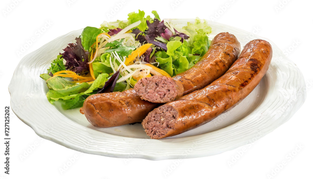 Grilled sausages with salad on plate isolated on transparent background Grilled sausages with salad on plate isolated on transparent background