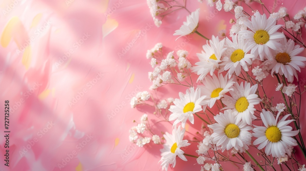 a beautiful composition of chamomile on a soft pink background, dreamy and ethereal. The background is soft pink with shades of light yellow, creating an aura of tenderness and romance.