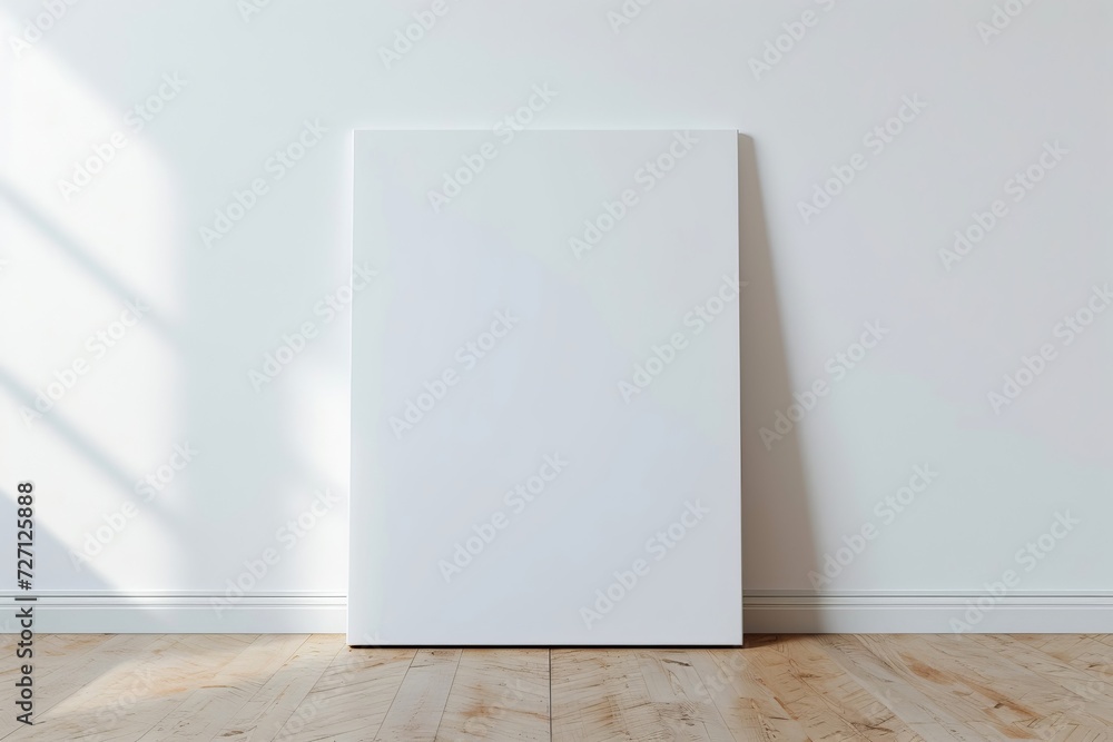 blank canvas on white wall and laminate wooden floor blank canvas on white wall and laminate wooden floor