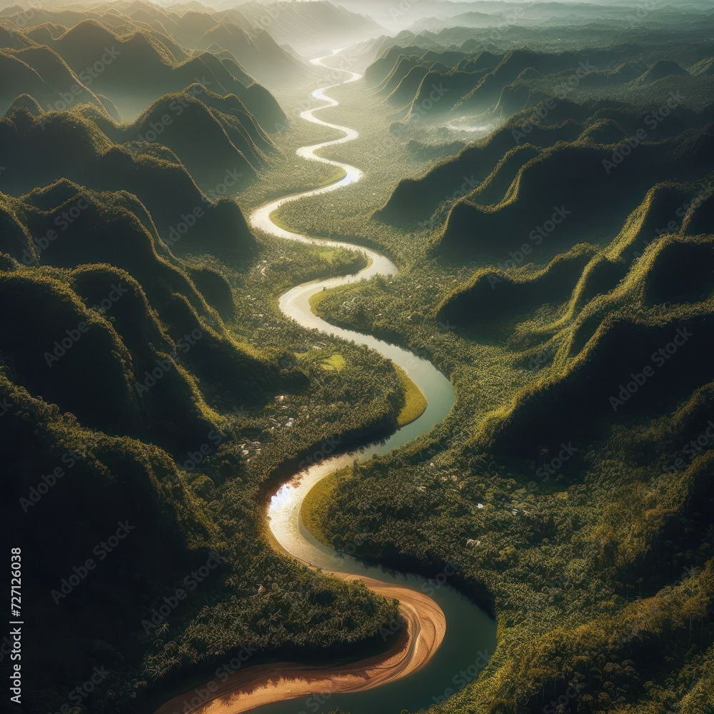 Top view of a long river winding its way through the green forest Top view of a long river winding its way through the green forest