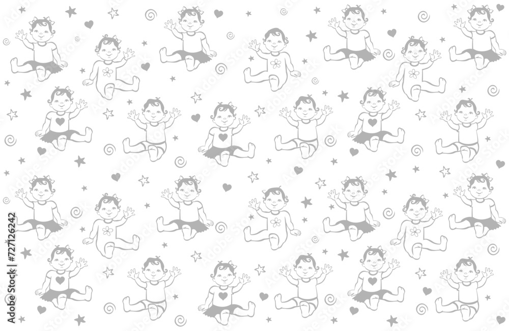 Happy cute babies sitting. Toddler girls and boys. Growth from newborn to toddler. First year activities. Cartoon Child isolated on white background. Happy baby wave hand. light background Vector