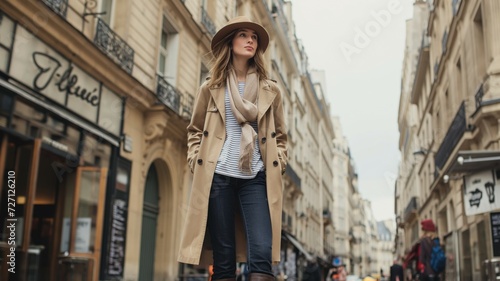 Young attractive blonde woman in autumn coat and hat and walking along European street.