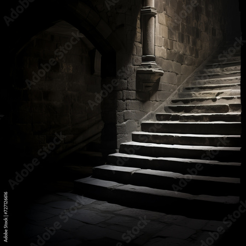 Dark stone stairway in the castle created with Generative AI technology