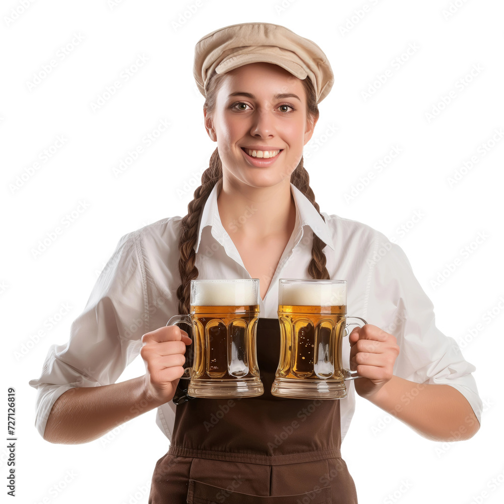 waitress with beer mugs isolated on white or transparent background waitress with beer mugs isolated on white or transparent background