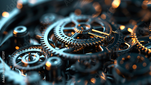 A mesmerizing 3D rendered image of an abstract clockwork mechanism, showcasing intricate gears and moving parts. Perfect for futuristic, steampunk, or technology-themed designs.