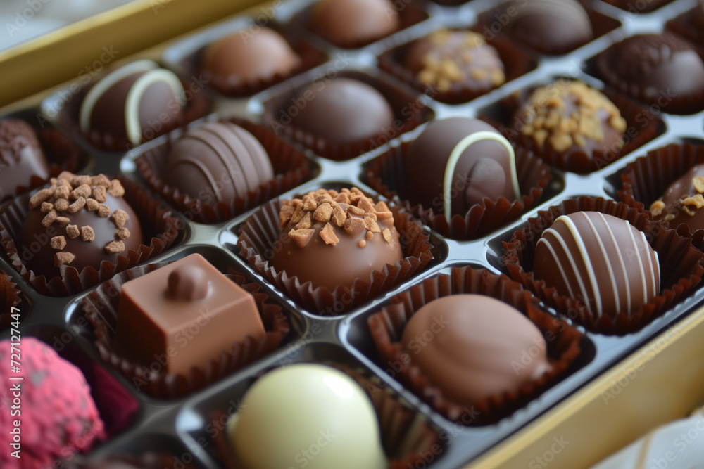 A close up macro shot of an assortment of delicious handmade artisan chocolate truffles and bonbons in a box. A close up macro shot of an assortment of delicious handmade artisan chocolate truffles and bonbons in a box.