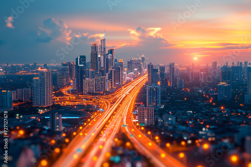 The sun sets over a vibrant cityscape, casting a warm glow on the bustling highways and the silhouette of the urban skyline.