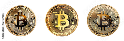 Golden Bitcoin Coins Trio. Cryptocurrency Wealth and Financial Success Concept. BTC