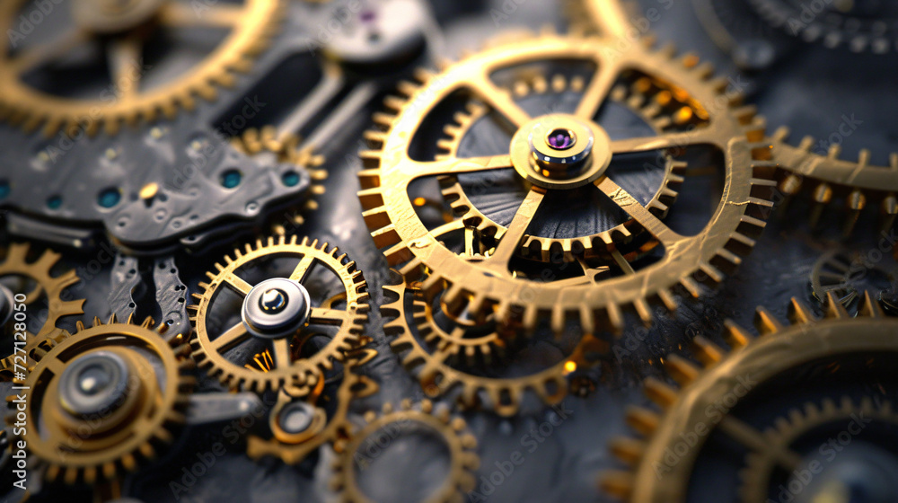 A mesmerizing abstract clockwork image, digitally rendered in stunning 3D. This captivating artwork embodies the intricacy of time, showcasing an elegant fusion of gears and cogs in vibrant