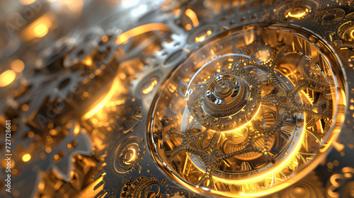 A mesmerizing abstract clockwork image, digitally rendered in stunning 3D. This captivating artwork embodies the intricacy of time, showcasing an elegant fusion of gears and cogs in vibrant © stocker
