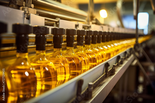 Sunflower oil in the bottles moving on production line
