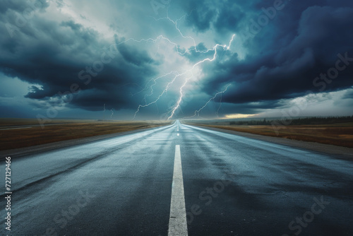 Empty highway concept with clouds and lightning.