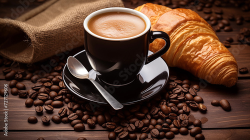 cup of coffee with beans and croissant  pastry  italian breakfast  french breakfast  roasted coffee  best selling  cappuccino and espresso
