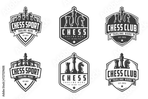 Chess logo set, logo design for championship, tournament, chess club, business card, monochrome vector Illustration