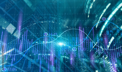 Stock market business concept. Financial graphs and digital indicators with modern city background