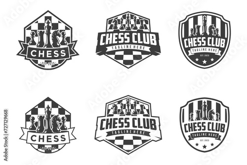 Chess logo set, logo design for championship, tournament, chess club, business card, monochrome vector Illustration