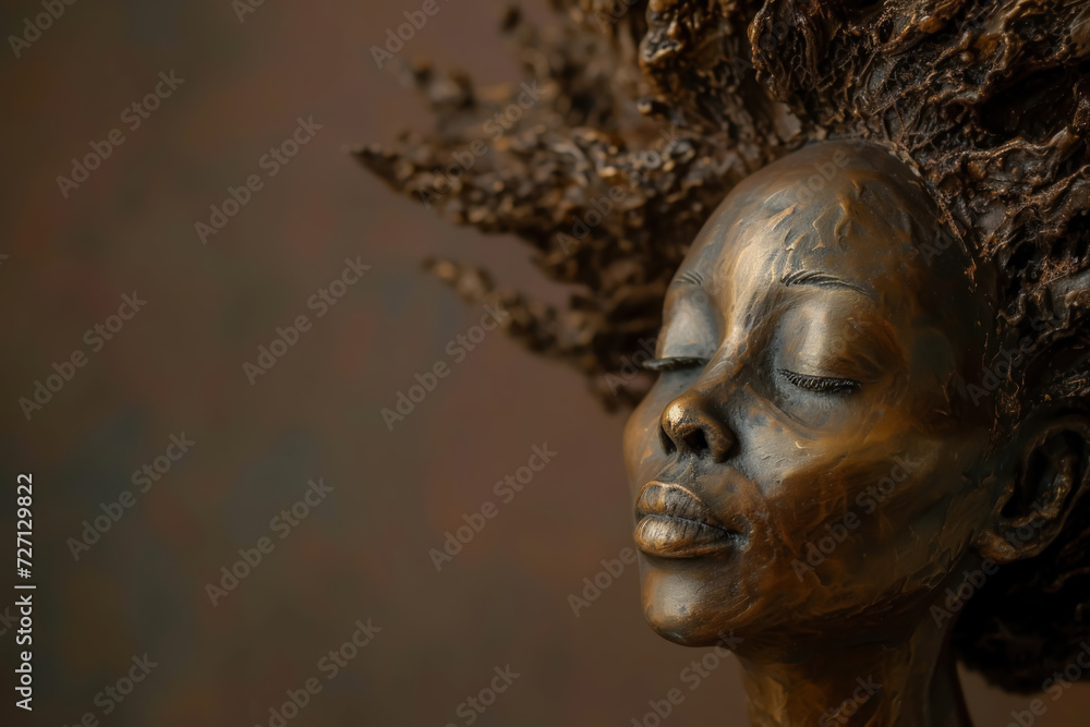 A bronze sculpture of woman, african american woman sculpture, Sculpture of Black Woman with Natural Afro Symbolizing Resilience and Empowerment isolated on background. copy space