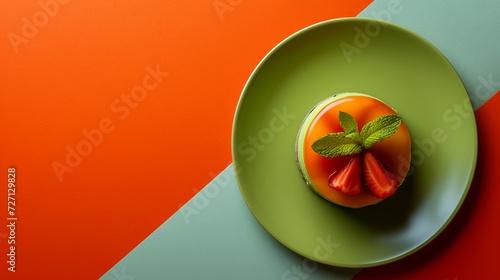A vibrant dessert presentation featuring a round orange jelly topped with fresh mint and strawberry slices on a green plate, set against a dual-tone orange and green background photo