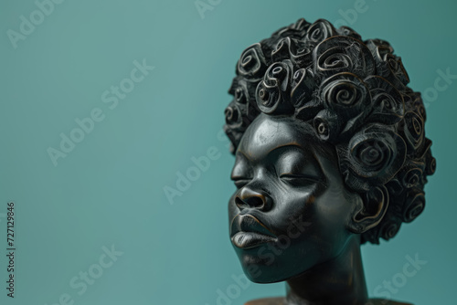 A majestic statue carved from ebony, depicting a black woman with a regal afro, symbolizing strength and beauty throughout the ages. isolated on solid background. copy space